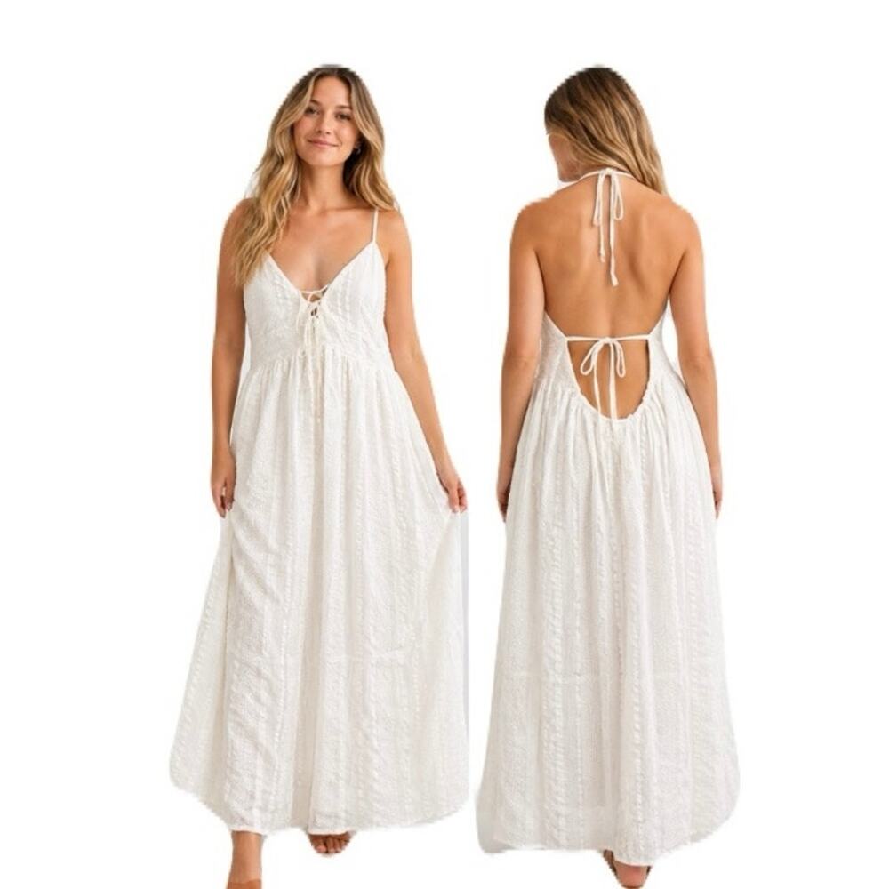 Aerie XXL White Cotton Textured Open Back Tie Front Boho Maxi Dress Beach